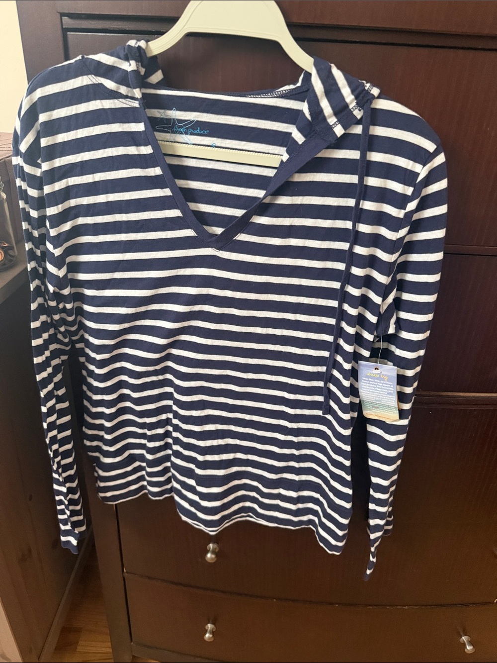 Fresh produce navy/ white stripe long sleeve hoodie top small